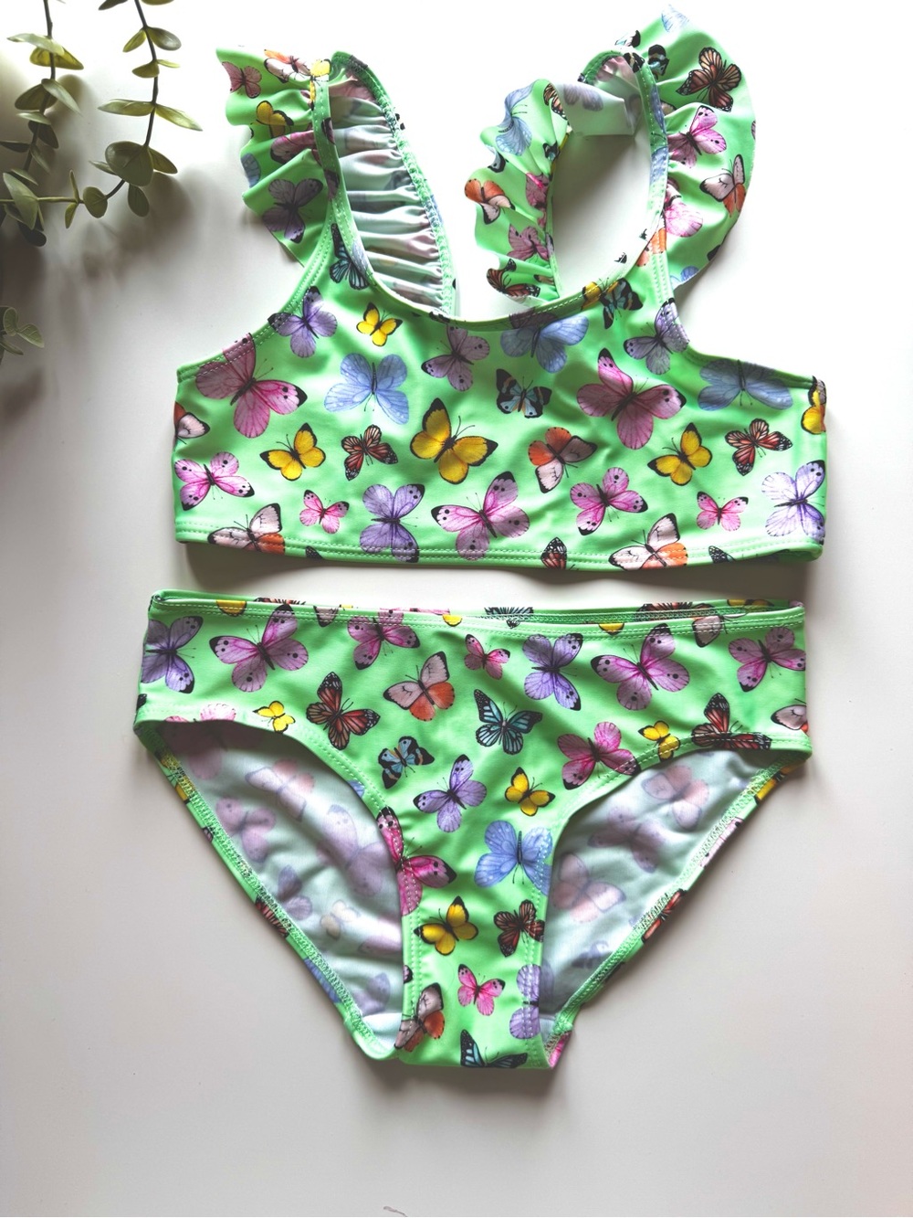 H&M Girls Butterfly Print Bikini Set Size 6X/7 Green Ruffle Two Piece Swimsuit